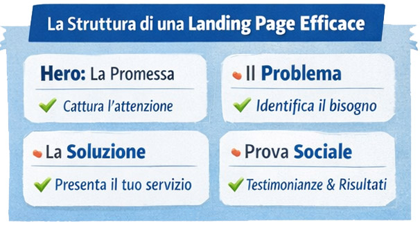 Sezione Hero: cattura l'attenzione comunicando cosa offri, quale beneficio porta e perché scegliere te.